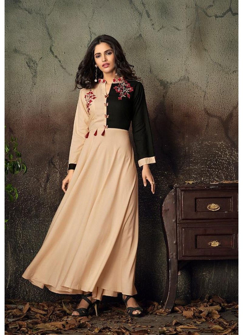 Cream Colour Vardan Gulnaz Vol-2 Party Wear Heavy Riyon Long Exclusive Designer Kurti Collection 6018